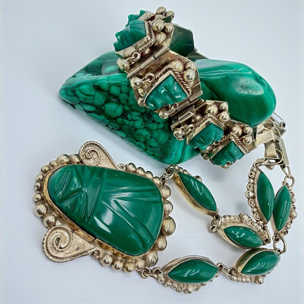 Vintage Mexico Sterling Green Onyx Aztec Mask Necklace Bracelet Set 17” & 7” - Picture 7 of 17